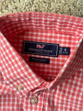 Vineyard Vines boys peach and white  Plaid Whale Shirt - Small